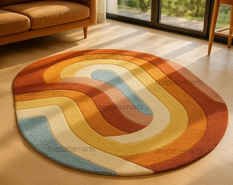 Hand-Tufted Wool Oval Rug – Retro Rainbow Geometric Design