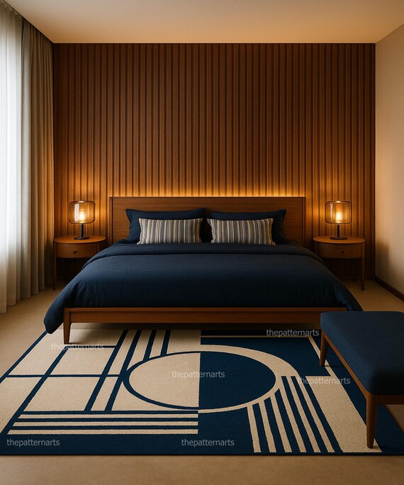 Modern Geometric Rug, Navy Blue Cream Abstract Scandinavian Carpet, Contemporary Bedroom Area Rug
