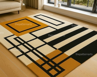 Modern Geometric Area Rug, Abstract Black Beige Mustard Rug, Mid Century Living Room Decor