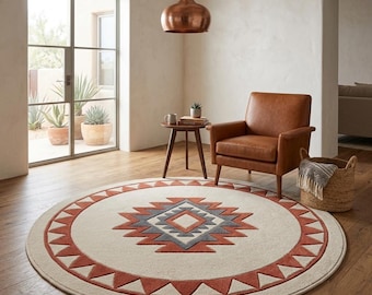 Hand Tufted Wool Round Rug, Southwestern Geometric Medallion, Boho Living Room Decor