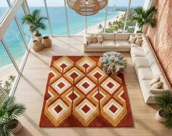 Hand Tufted Geometric Wool Rug, Mid-Century Modern Boho Area Carpet (Custom Size)