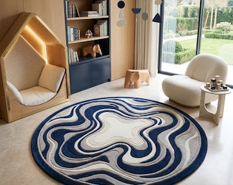 Handmade Round Wool Rug, Abstract Wave Pattern, Modern Nursery Decor