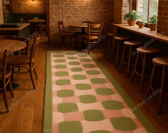 Checkered Runner Rug – Green & Pink, Handmade Tufted Carpet