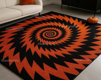 Halloween Optical Illusion Rug, Black Orange Spiral Carpet, Trippy Goth Decor