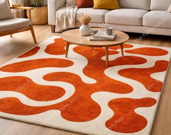 Retro Orange Abstract Area Rug | Mid-Century Modern Plush Carpet