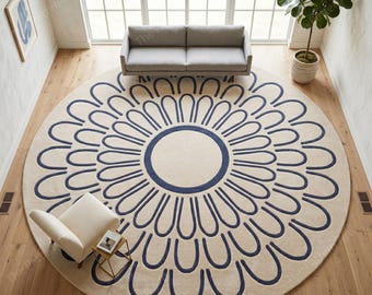 Modern Floral Round Area Rug, Beige Blue Scandinavian Carpet, Nursery Playroom Decor