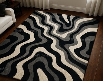 Alfombra abstracta de lana ondulada, alfombra moderna tejida a mano para sala de estar, negro, marfil y gris.