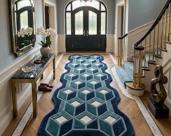 Handmade Geometric Wool Runner Rug, Navy Teal Ivory Cubes, Irregular Shape Hallway Carpet