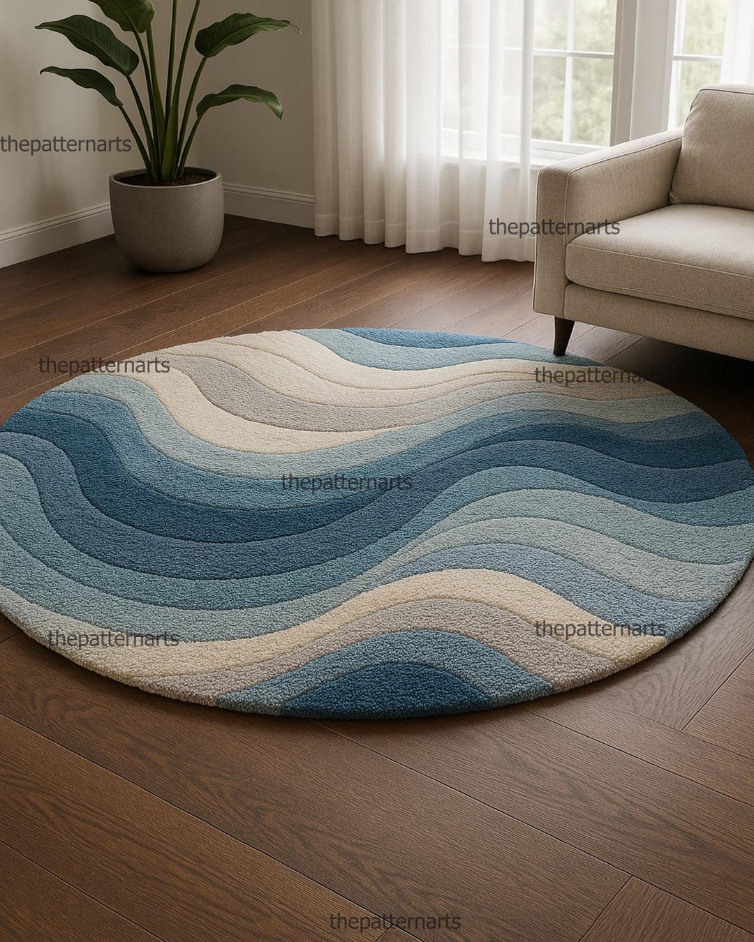 Beachy Round Rug Hand-tufted Wool Rug – Modern Ocean Wave, Coastal Decor - Etsy