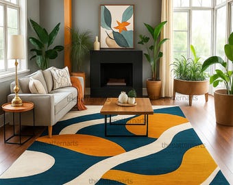 Abstract Wave Area Rug | Mid-Century Modern, Blue Mustard Cream