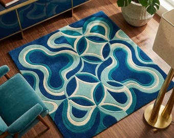Hand Tufted Wool Geometric Rug, Mid-Century Modern Area Carpet (Blue, Teal, Ivory)