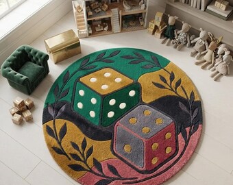 Handmade Wool Dice Game Rug, Colorful Nursery Playroom Carpet (Custom Size)