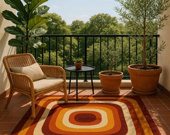 Hand Tufted Retro Rug – Mid Century Modern Geometric Earth Tones