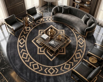 Luxury Black Gold Round Rug, Art Deco Area Rug, Modern Glam Circular Carpet, Geometric Designer Rug, Large Living Room Statement Rug