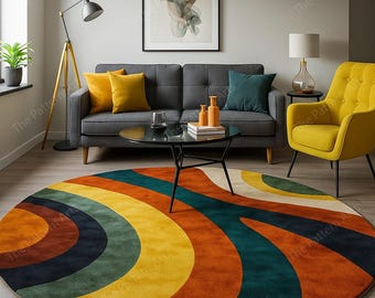 Può includere: Un tappeto rotondo e colorato con un design retrò. Presenta bande curve arancioni, gialle, verde acqua, marroni e blu navy. Il tappeto si trova in un soggiorno con un divano grigio, una sedia gialla e opere d'arte. Il diametro del tappeto è di circa 200 cm.
