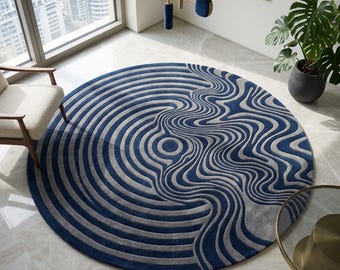 Handmade Wool Round Rug, Blue Abstract Wave Design, Modern Area Carpet