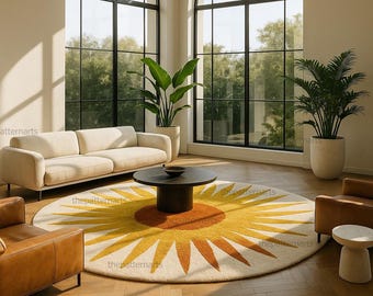 Sun Round Rug, Handmade Wool Area Rug, Modern Boho Circle Rug, Mid Century Living Room Decor, Custom Nursery Rug