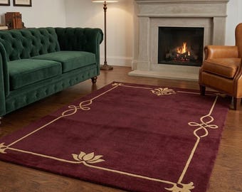 Handmade Burgundy Wool Area Rug, Floral Border, Traditional Living Room Carpet
