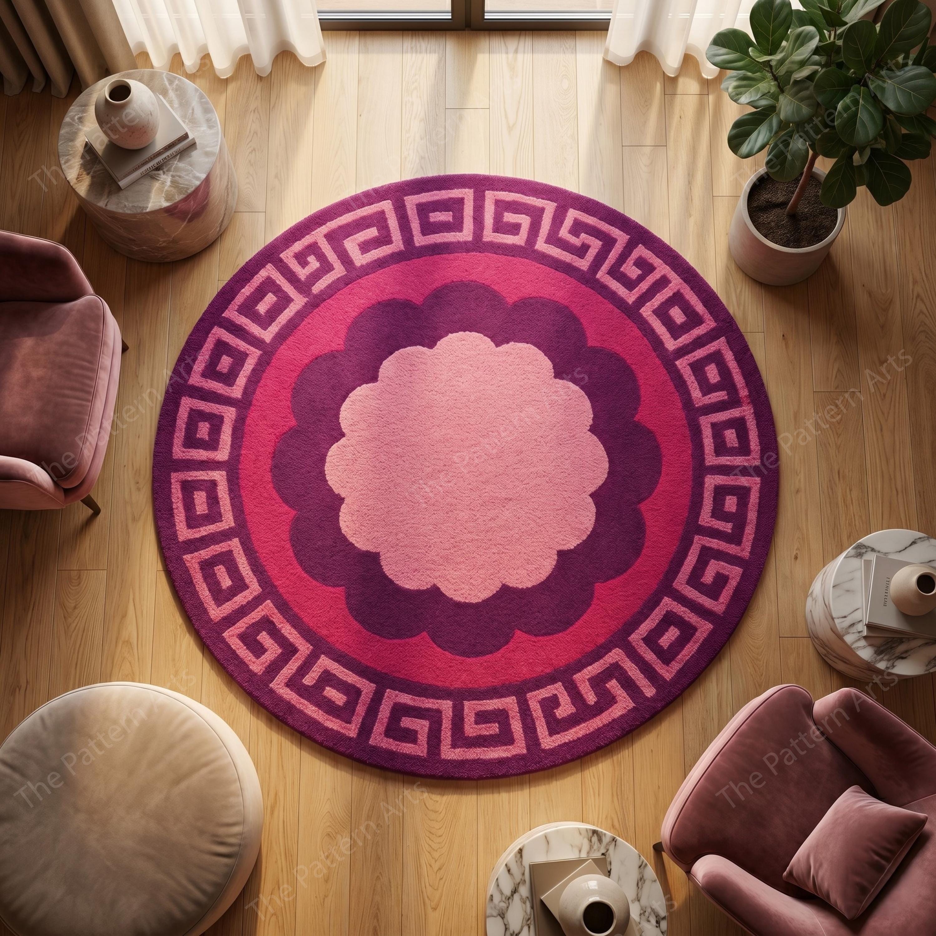 Rosa Retro Floral Rund Teppich, Skandinavischen Geometrische Plüsch Teppich