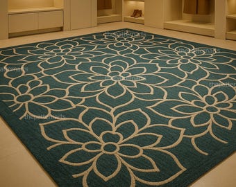 Handgetufteter Wollteppich aus Wolle mit Geometrischem Blumenmuster in Petrol