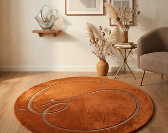 Handmade Wool Round Rug, Terracotta Orange Abstract Design, Modern Minimalist Area Rug