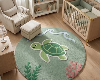 Handmade Wool Sea Turtle Nursery Rug, Round Ocean Animal Playroom Carpet