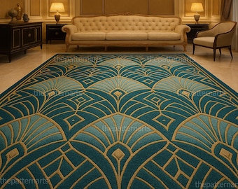 Art Deco Hand-Tufted Rug – Blue and Gold Geometric Wool Carpet