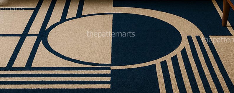 Large modern geometric carpet enhancing luxury bedroom décor with warm lighting