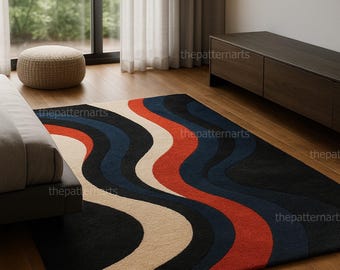 Hand-Tufted Abstract Wave Rug – Black, Beige, Navy, and Red