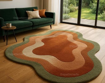 Hand-Tufted Wool Rug | Wavy Abstract, Burnt Orange Boho Decor