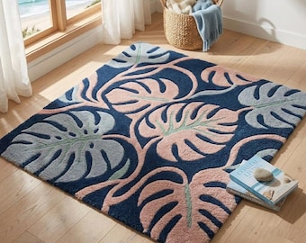 Hand Tufted Wool Monstera Leaf Rug, Tropical Botanical Area Carpet (Luxury Living Room)
