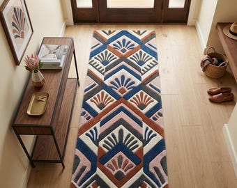 Hand Tufted Wool Runner Rug, Art Deco Geometric Hallway Carpet (100% Wool)