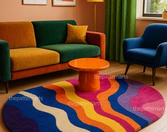Retro Wave Round Area Rug – Modern Boho Living Room Decor