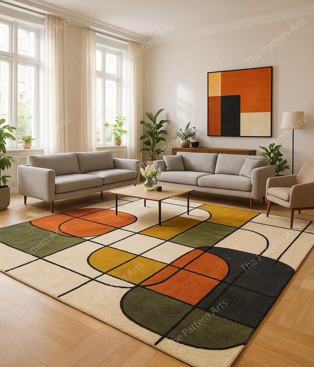 Modern Rug Solid Background Modern Geometric Area Rug, Abstract Color Block Rug, Mid Century Living ...