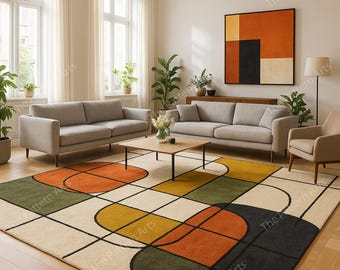 Modern Geometric Area Rug, Abstract Color Block Rug, Mid Century Living Room Carpet, Handmade Contemporary Wool Rug, Custom Size Rug