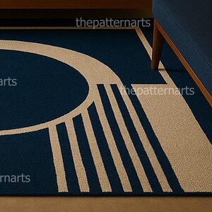 Contemporary cream and navy rug with line art pattern under modern wooden bed