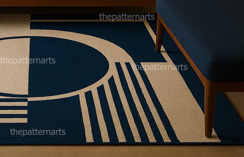 Contemporary cream and navy rug with line art pattern under modern wooden bed