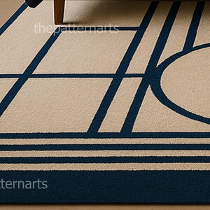 Scandinavian minimalist bedroom featuring abstract geometric navy blue area rug