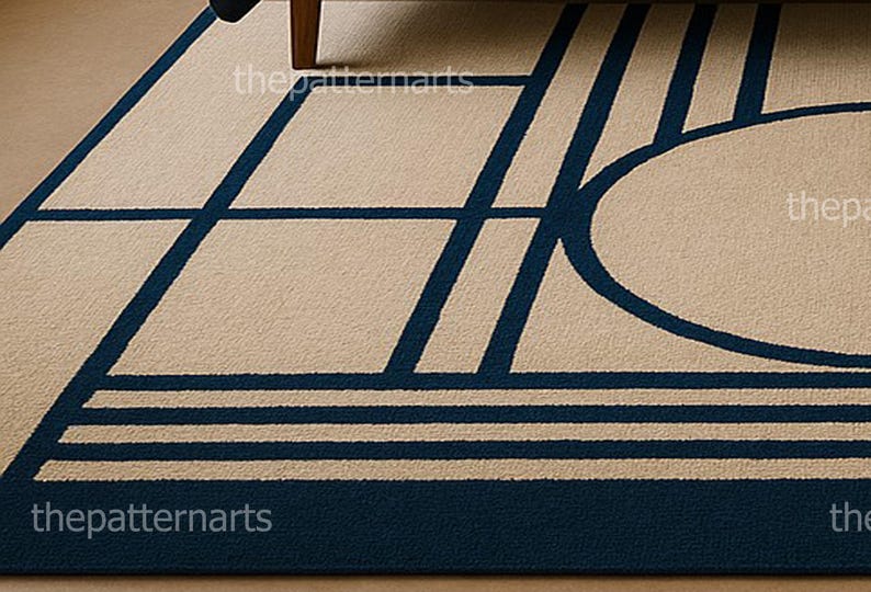 Scandinavian minimalist bedroom featuring abstract geometric navy blue area rug