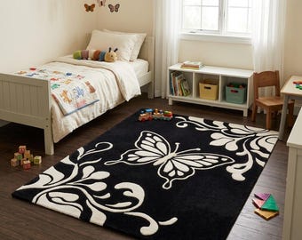 Handmade Wool Butterfly Rug, Black White Floral Nursery Carpet, Custom Size
