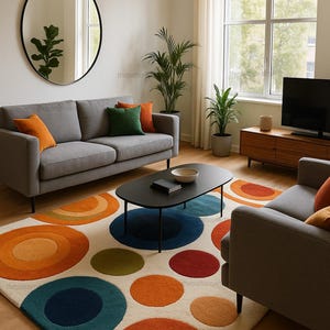Könnte beinhalten: Modernes Wohnzimmer mit grauem Sofa, schwarzem Couchtisch und farbenfrohem Teppich mit großen, konzentrischen Kreisen in Orange, Blau und Grün. Ein runder Spiegel und ein Fernseher sind ebenfalls zu sehen.