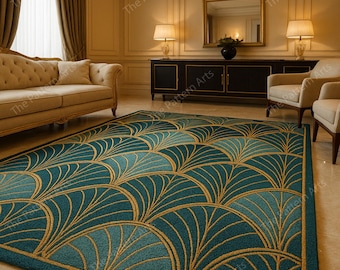 Luxury Art Deco Teal Rug • Elegant Geometric Pattern Carpet • Modern Glam Living Room Area Rug • Turquoise Gold Accent Home Decor 9x12 10x12