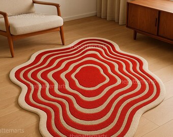 Alfombra de lana tejida a mano – Diseño retro moderno ondulado en rojo y beige