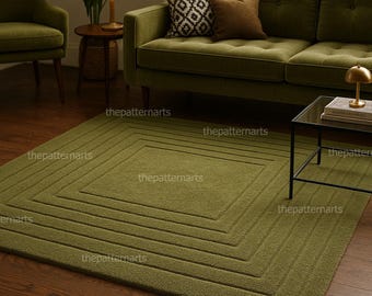 Hand-Tufted Wool Area Rug | Olive Green Geometric Border