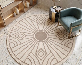 Art Deco Geometric Round Rug, Neutral Beige Sunburst Carpet, Contemporary Living Room Floor Rug
