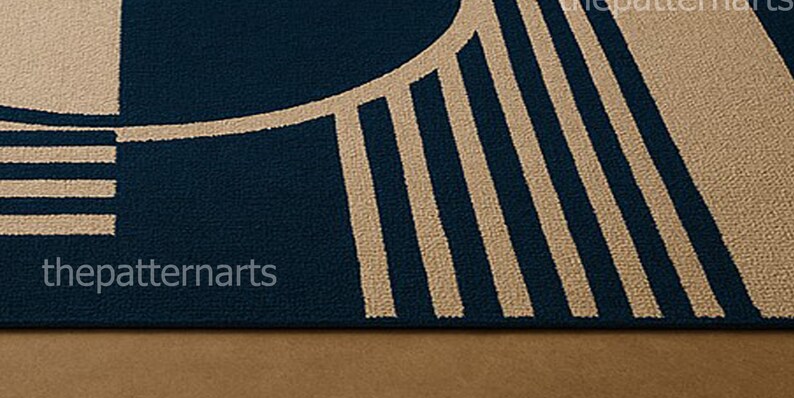 Close-up texture view of navy blue and ivory abstract area rug with clean lines
