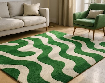 Hand Tufted Green and White Wavy Rug – Modern Abstract Area Carpet