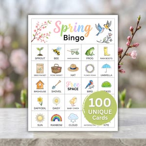 Vårbingospel – 100 unika vårbingokort, våraktivitet för barn i klassrummet, vårfestspel, naturträdgårdsbingo PDF