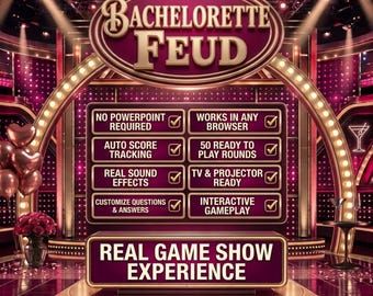 Pode incluir: Um display digital de programa de auditório intitulado Bachelorette Feud com um esquema de cores bordô e dourado. A tela lista recursos, incluindo não requer PowerPoint, rastreamento automático de pontuação e 50 rodadas de jogo.