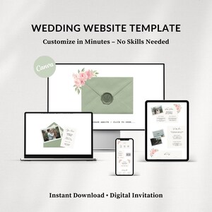 Puede incluir: Una plantilla digital de sitio web de bodas que se muestra en una computadora port&aacute;til, tableta, tel&eacute;fono inteligente y monitor de escritorio. El dise&ntilde;o presenta un sobre verde salvia con un arreglo floral y el texto "WEDDING WEBSITE TEMPLATE".